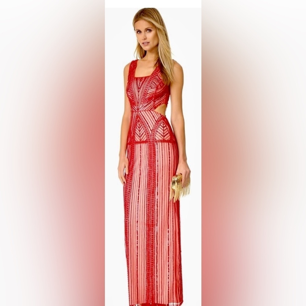 Parker Black Label Embellished Livy Illusion Gown Waist Cutout Red Sequin Sz 10